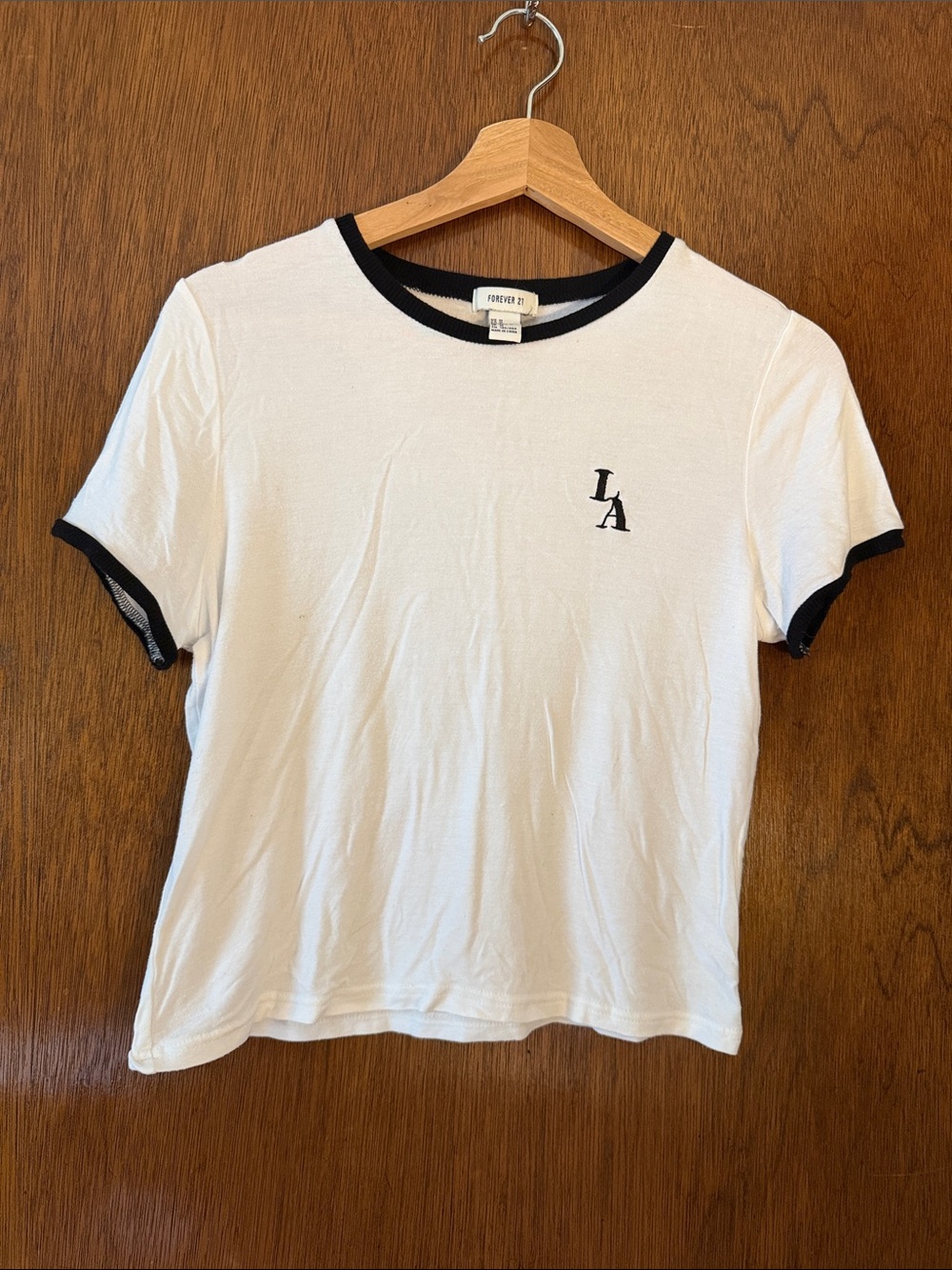 Forever 21 White Ringer Tee with Black Trim and LA Embroidery